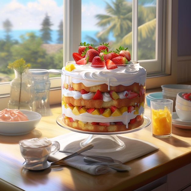 A cake with strawberries on top of it and a glass of orange juice on the table.