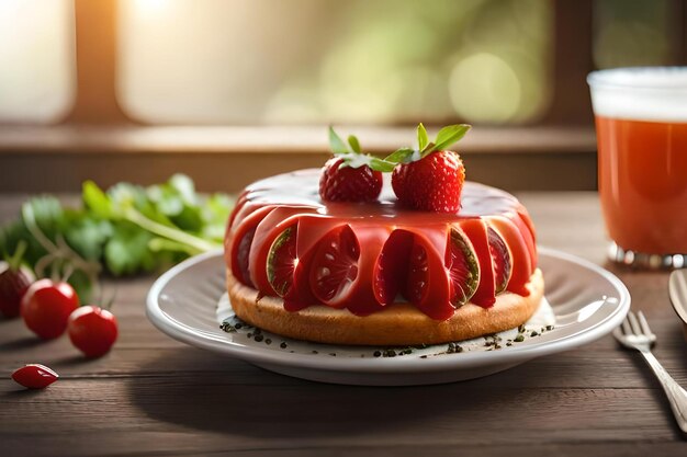 A cake with a strawberry on it and a plate with strawberries on it