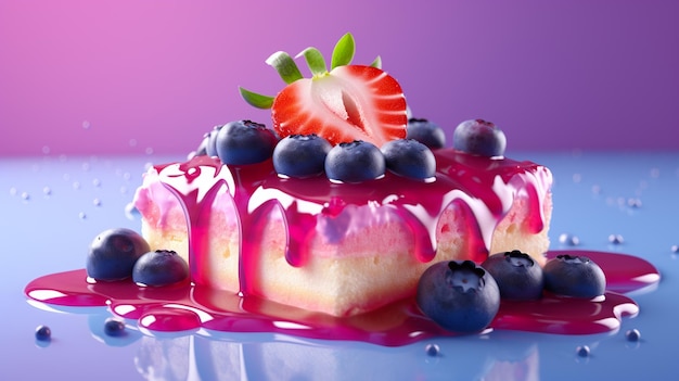 a cake with a strawberry on it and a purple background.