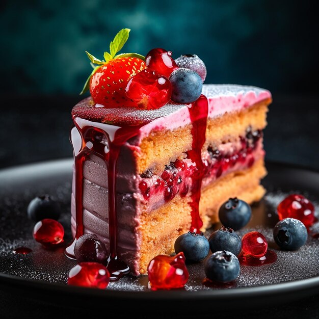 a cake with a strawberry on it sits on a plate with a piece of cake on it.