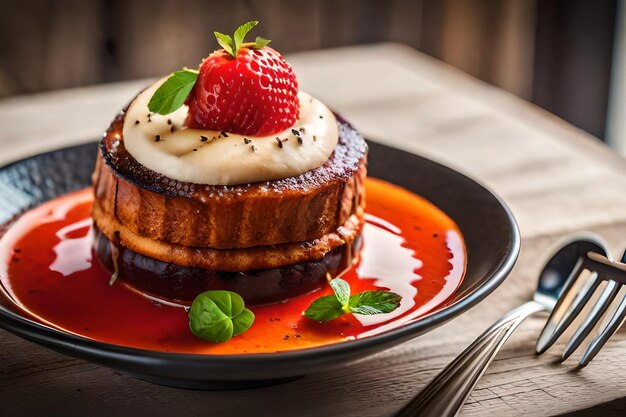 A cake with a strawberry on it sits on a plate with a strawberry on it