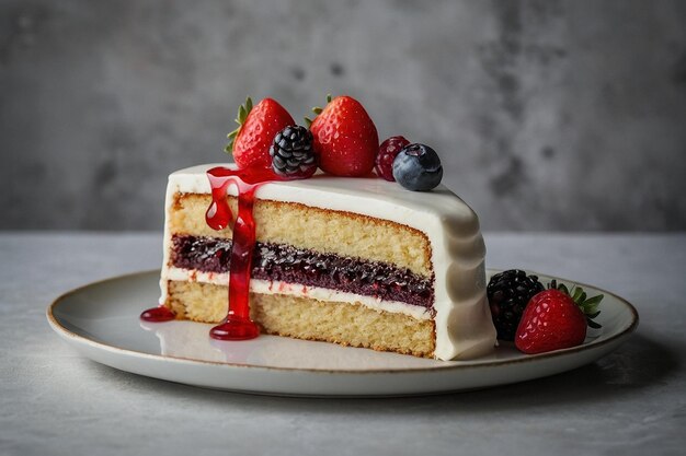 Photo a cake with a strawberry on the top and a raspberry on the top