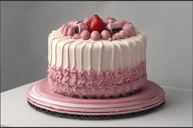 a cake with a strawberry on the top and the words strawberry on the bottom.