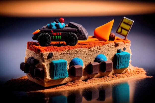 A cake with a toy car on top of it