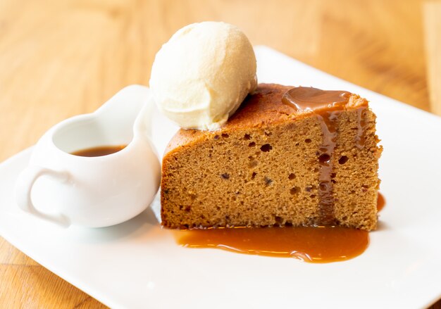 cake with vanilla ice-cream and toffee caramel sauce