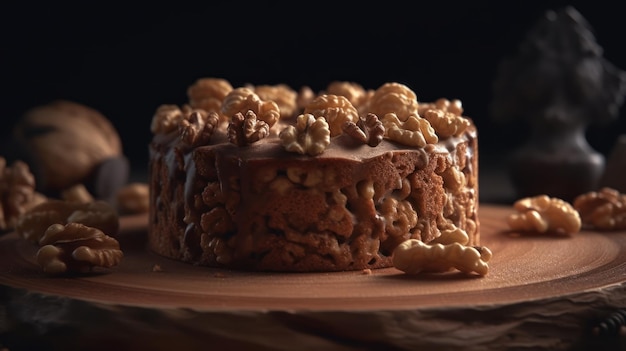 A cake with walnuts on top of it