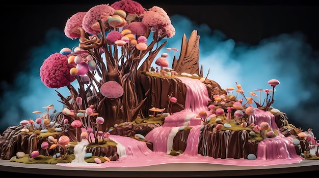 Photo a cake with a waterfall and a waterfall