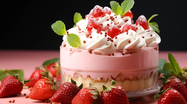 Cake with whipped cream and strawberries on a pink background