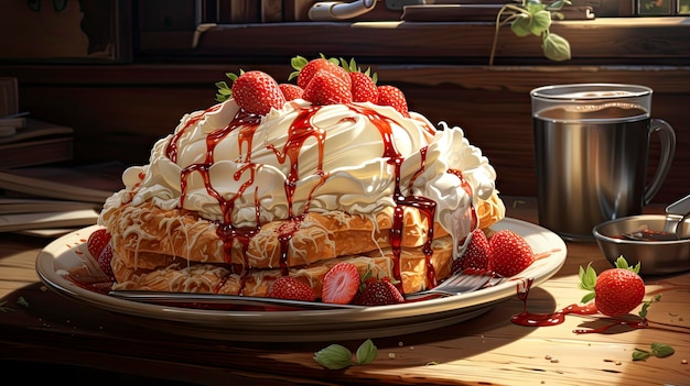 a cake with whipped cream and strawberries on the top.