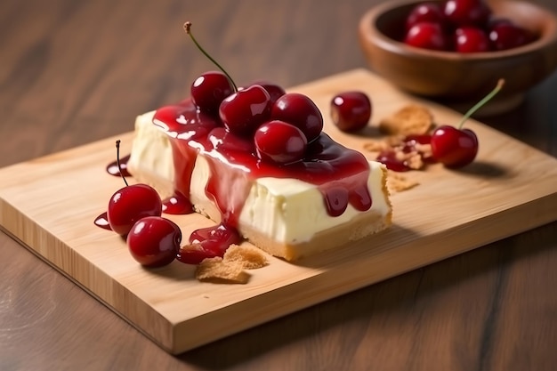 Cake with white chocolate and cherry on a wooden board on a white table