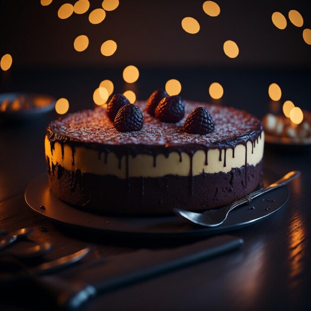 A cake with white chocolate and raspberries on it