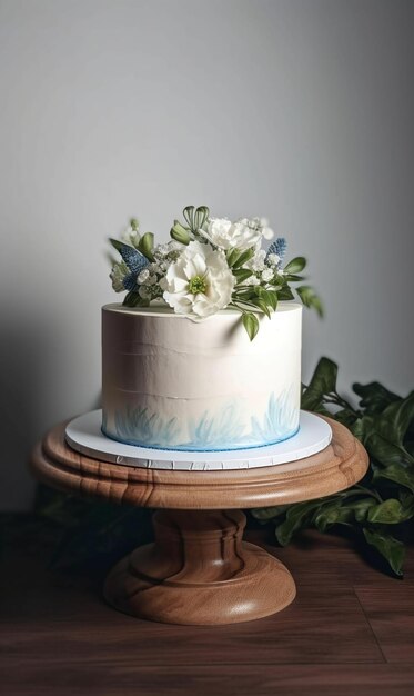 A cake with white flowers on it is on a table.