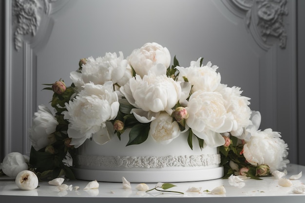 A cake with white flowers on it and a white background