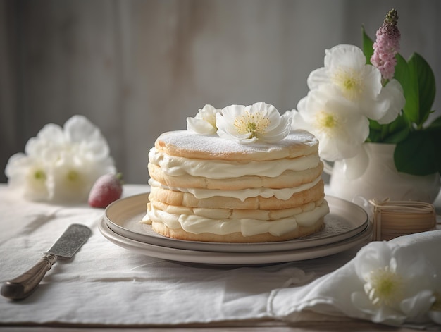 A cake with white frosting and a flower arrangement on the table.