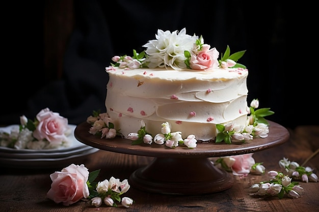 白いグラスと花が付いたケーキ