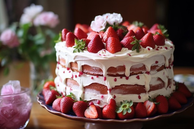 A cake with a white frosting and a pink flower on the top.