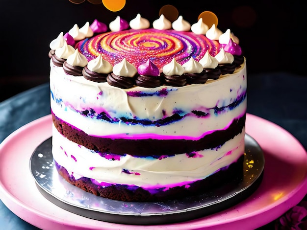 A cake with white frosting and rainbow swirls on top.
