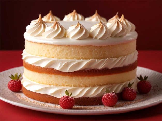 a cake with white frosting and raspberries on top of it