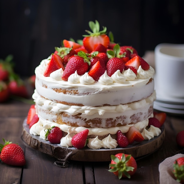 A cake with white frosting and strawberries on top of it