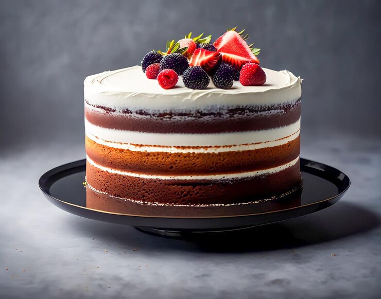 A cake with white frosting and strawberries on top of it.