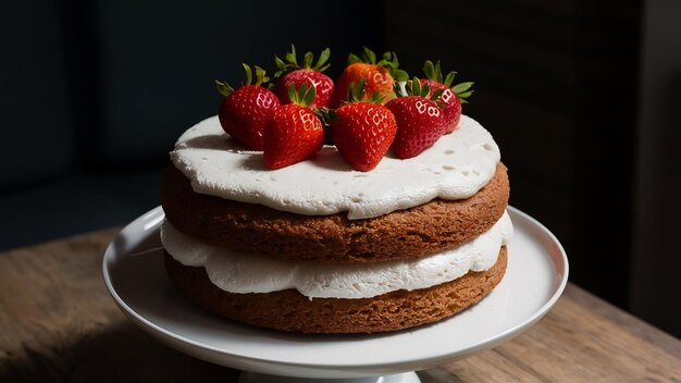 A cake with white frosting and strawberries on top of it