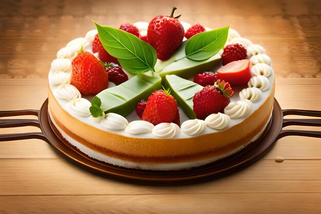 A cake with white frosting and strawberries on top