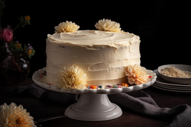 A cake with white frosting and yellow flowers on top.