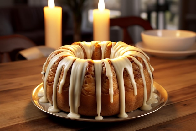 Foto una torta con glassa bianca e una candela sullo sfondo