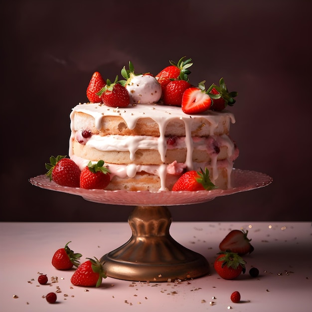 A cake with white icing and strawberries on top of it.