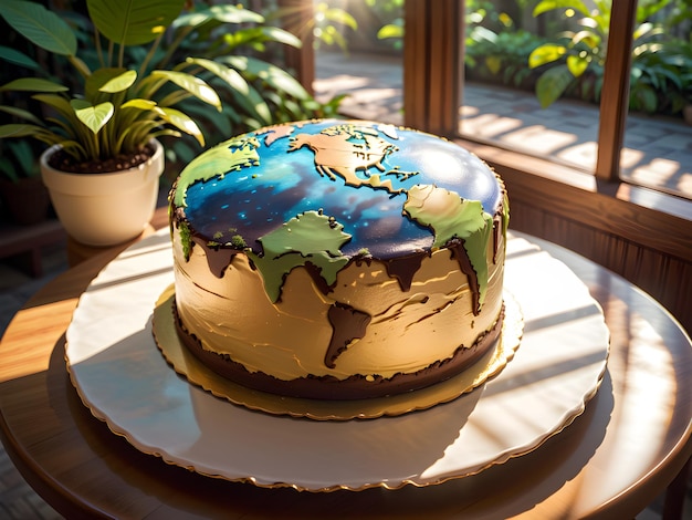 Foto una torta con la mappa del mondo sopra