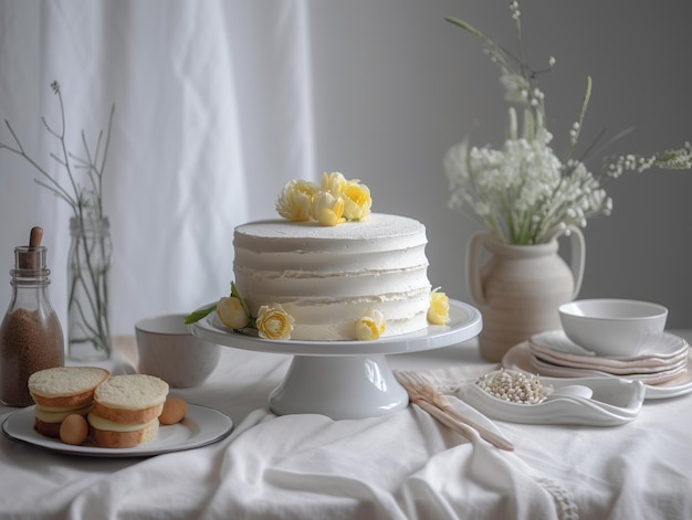 하얀 케이크 가판대에 노란 꽃이 있는 케이크.
