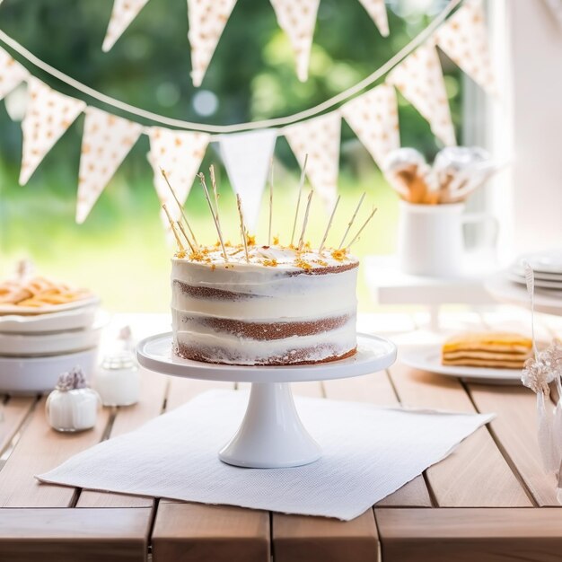 Foto una torta con glassa gialla e una torta su un tavolo