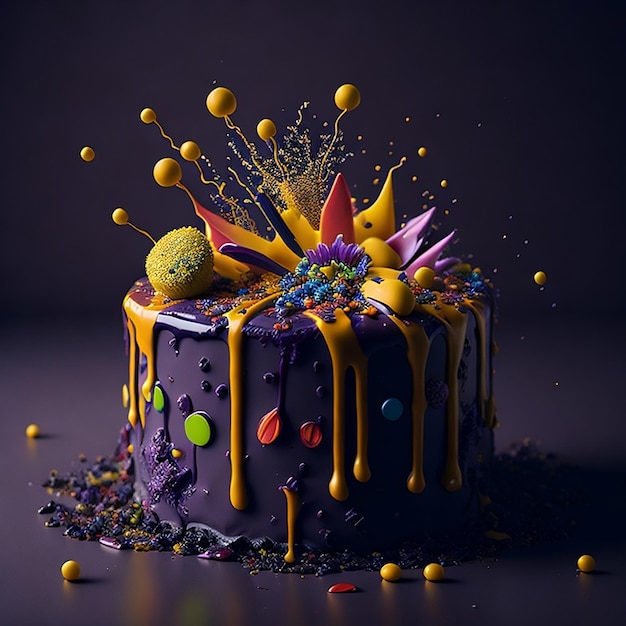 A cake with yellow and purple icing and a yellow ball on top.