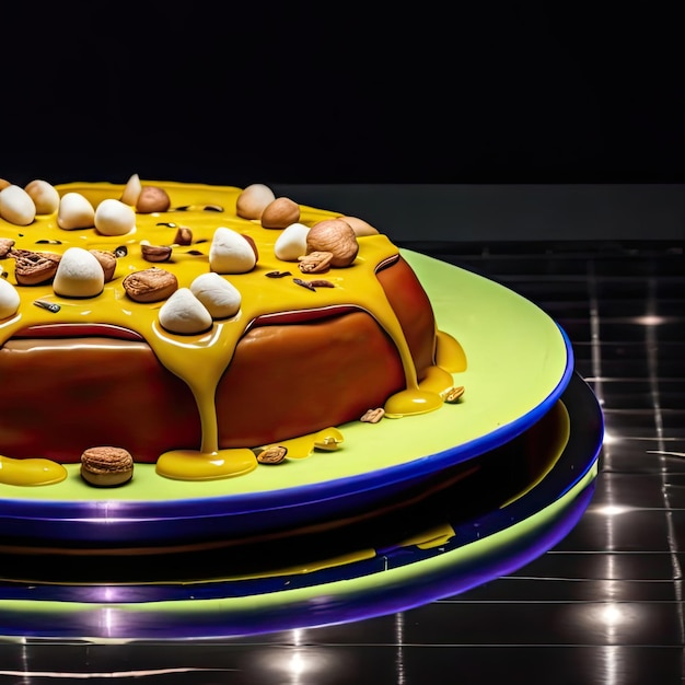 A cake with a yellow sauce and a chocolate covered top.