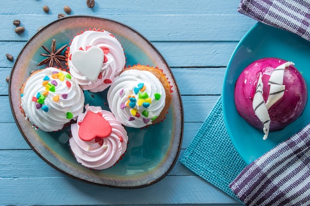 Cake on a wooden background Dessert for breakfast top view