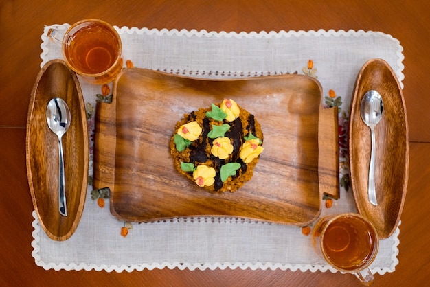 Cake on a wooden tray