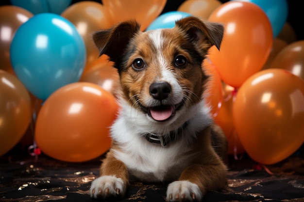 Cakecarrying Jack Russell in tie hat balloons white background birthday festivity