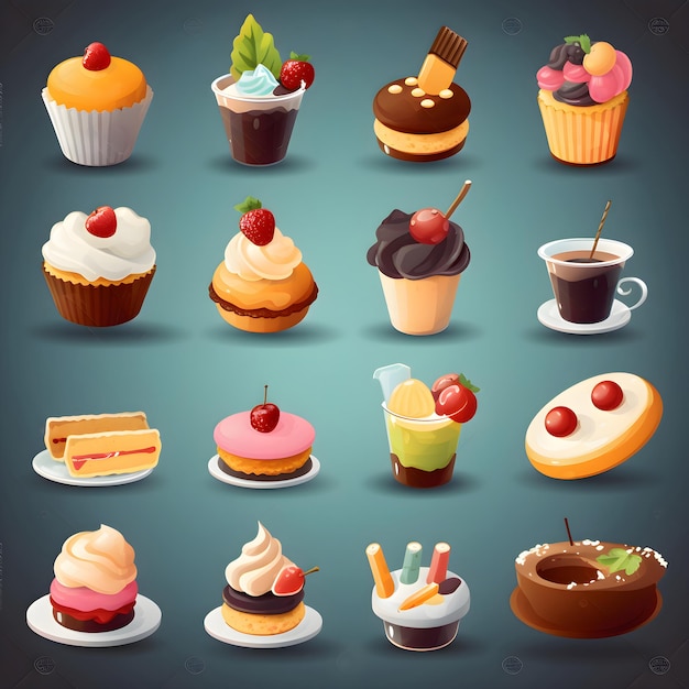Foto set di icone di torte e dessert illustrazione cartone animato di 9 icone di torte e dessert per il web design