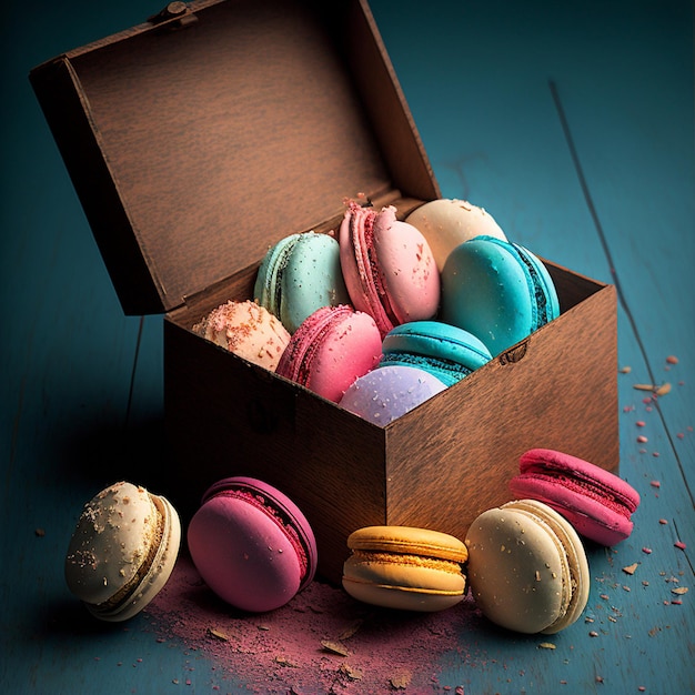 Cakes macaron of macaroon in houten vintage doos op blauwe tafel kleurrijke heldere koekjes