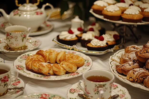 Cakes and pastries on a table at a wedding party