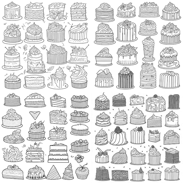 Cakes set hand drawn linear doodle illustrations