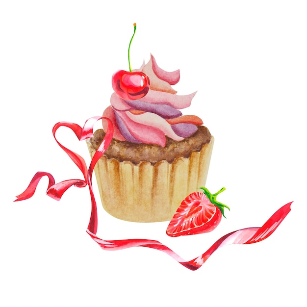 체리와 딸기가 있는 케이크 과자 수채화 그림 체리와 딸기가 있는 컵케이크 음식 스낵 디저트