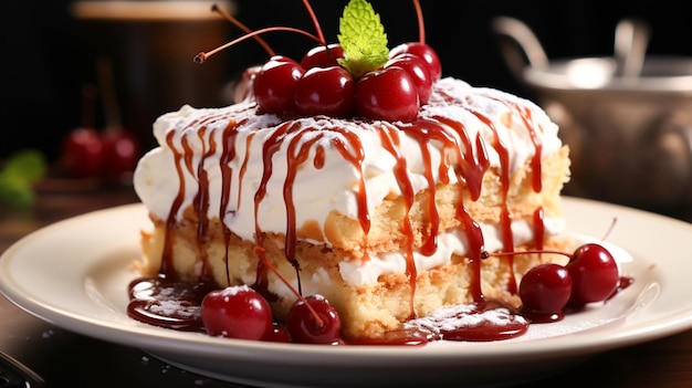 Cakes with cream and cherries on a wooden table