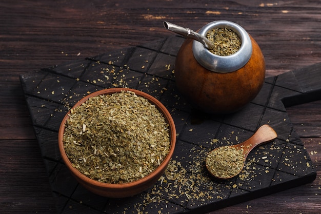 Calabas with bombilla and mate in a bowl