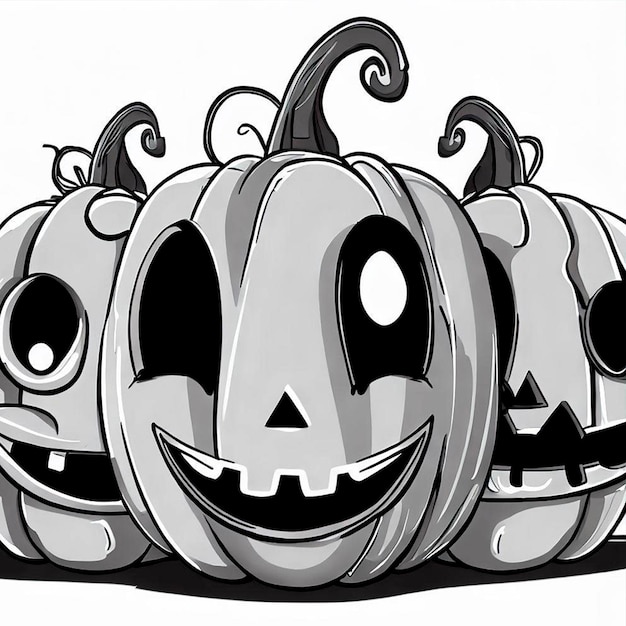 calabazas felices de halloween estilo cartoon para libro de colorear sin escalas de grises