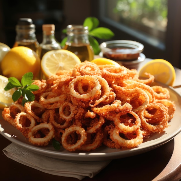 Foto calamares a la romana crispy gebakken inktvisringen geserveerd met citroen wiggen spaanse smaak