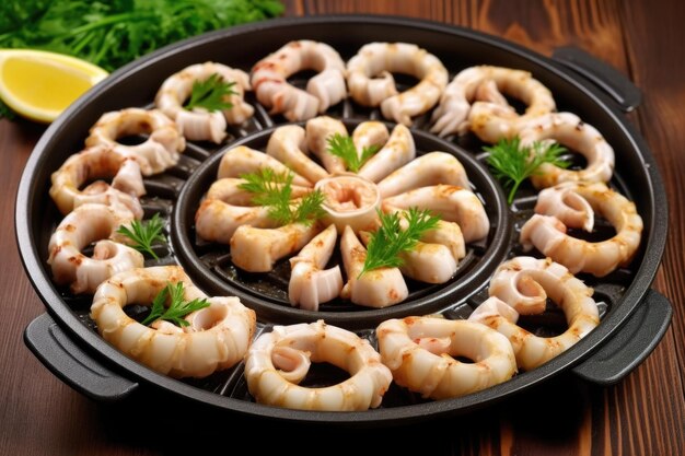 Calamari rings laid out on a preheated grill pan