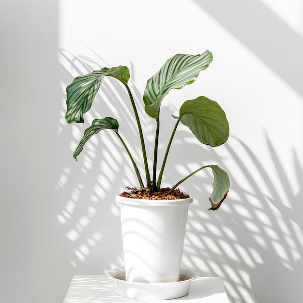 Calathea Orbifolia bij een witte muur