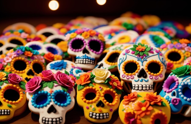 Calavera baked sweets for Dia de los Muertos Cookies in the shape of sugar skulls on a tray