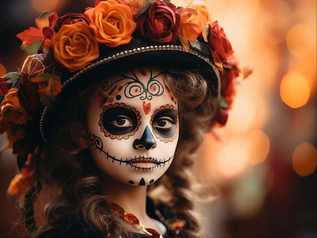 Calavera Catrina 설탕 두개골 화장 할로윈 의상을 입은 아이의 초상화